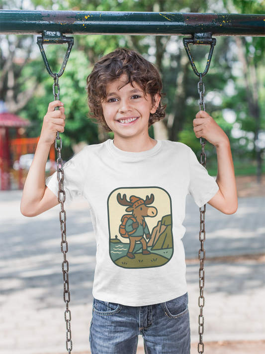 Kids Hiking Moose T‑Shirt — Cute Adventure Backpacker Tee for Boys & Girls