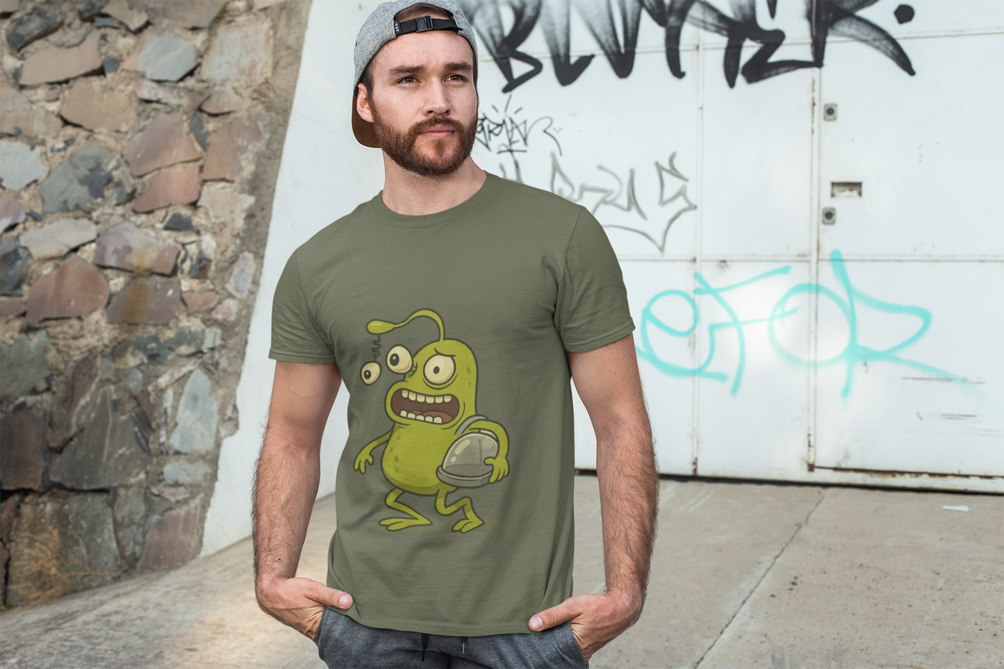 Green Alien Cartoon Tee | Funny Space Monster Illustration B
