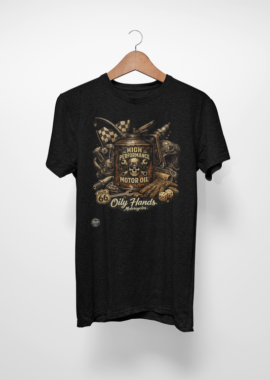 Oily Hands Vintage Motor Oil Tee — Retro Mechanic Garage T-Shirt # 013 E
