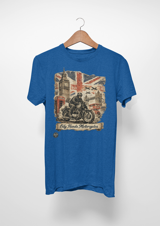 Oily Hands Vintage British Motorcycle Tee — Retro Union Jack Biker Shirt #011 E