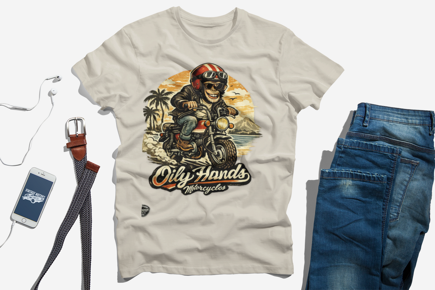 Oily Hands Motorcycle Rider Vintage Monkey Bike Sunset T-Shirt #008 E