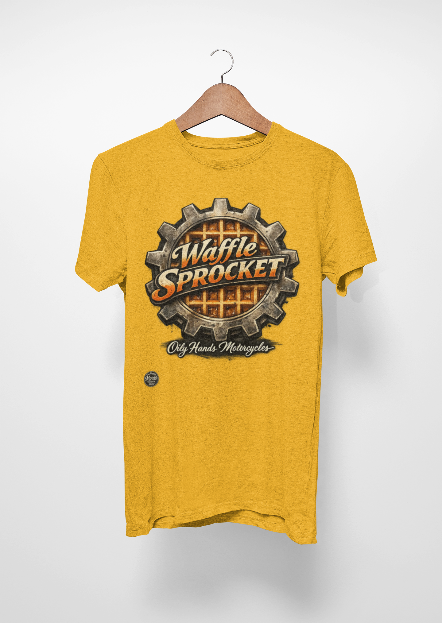Oily Hands Waffle Sprocket Vintage Logo T-Shirt — Retro Mechanical Breakfast Tee #004 E