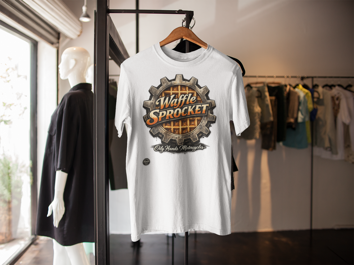 Oily Hands Waffle Sprocket Vintage Logo T-Shirt — Retro Mechanical Breakfast Tee #004 E