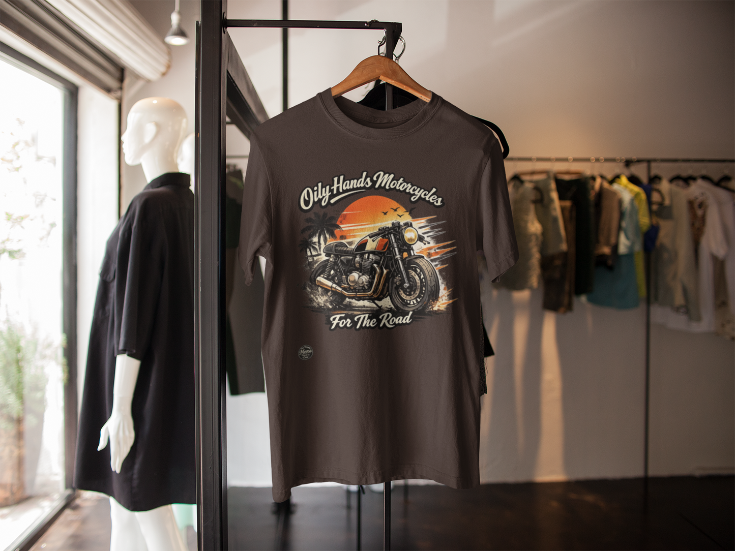 Oily Hands Motorcycle Sunset Tee — "Only Hands Motorcycles For The Road" Riding T-Shirt #001 E