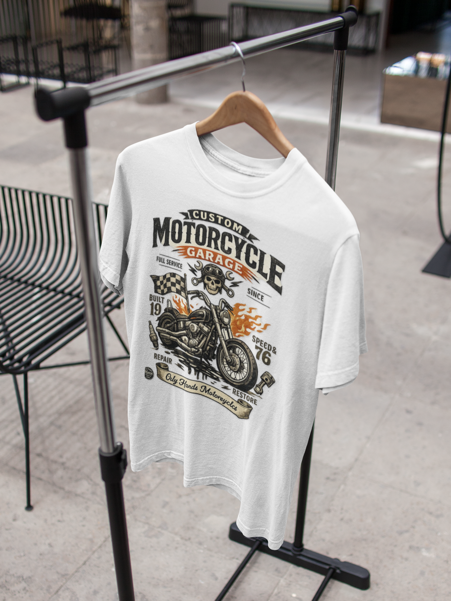 Oily Hands Motorcycle Garage Tee — Vintage Biker Skull & Chopper T-Shirt #021 E