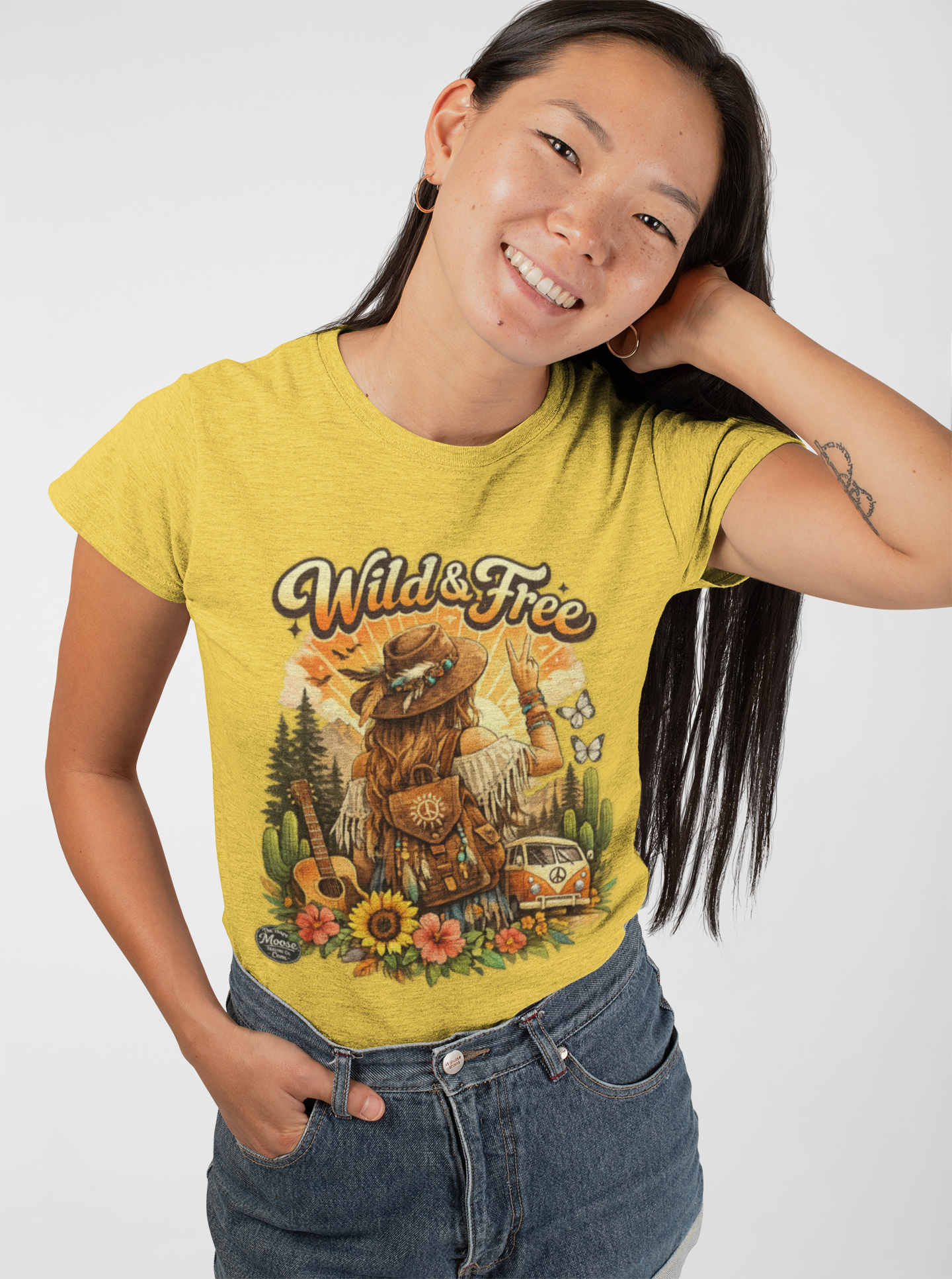 Wild & Free Women's Tee — Boho Vintage Camper T-Shirt with Sunflower & Fox Design