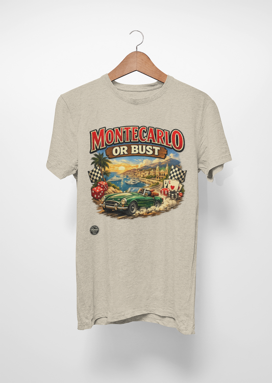 Monte Carlo or Bust Vintage Racing T‑Shirt — Retro Car & Casino Graphic