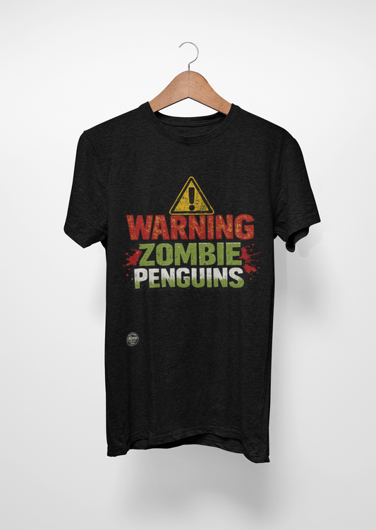 Warning: Zombie Penguins T-Shirt — Funny Halloween Graphic Tee  #EM0101