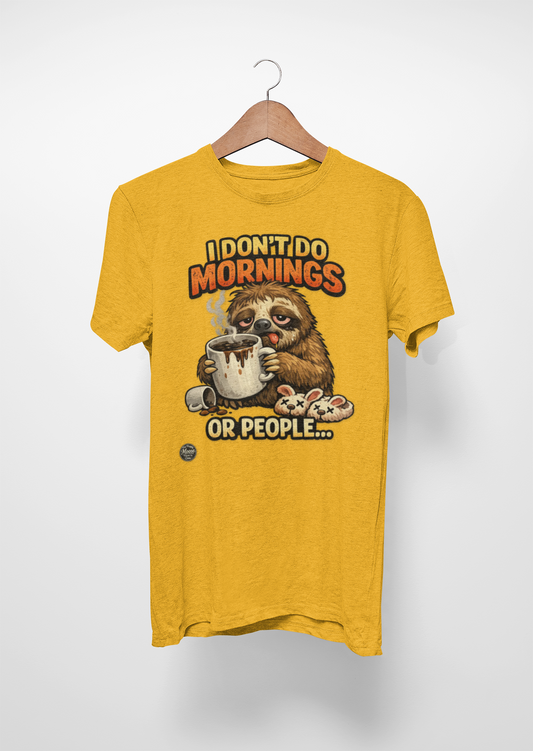 Sloth 'I Don't Do Mornings or People' Graphic Tee - Funny Coffee Shirt for Lazy Morning Lovers
