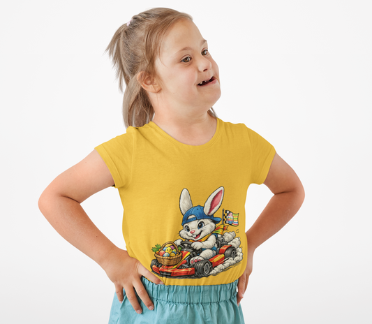 Kids Bunny Go-Kart Tee – Easter Bunny Racing with Candy Basket