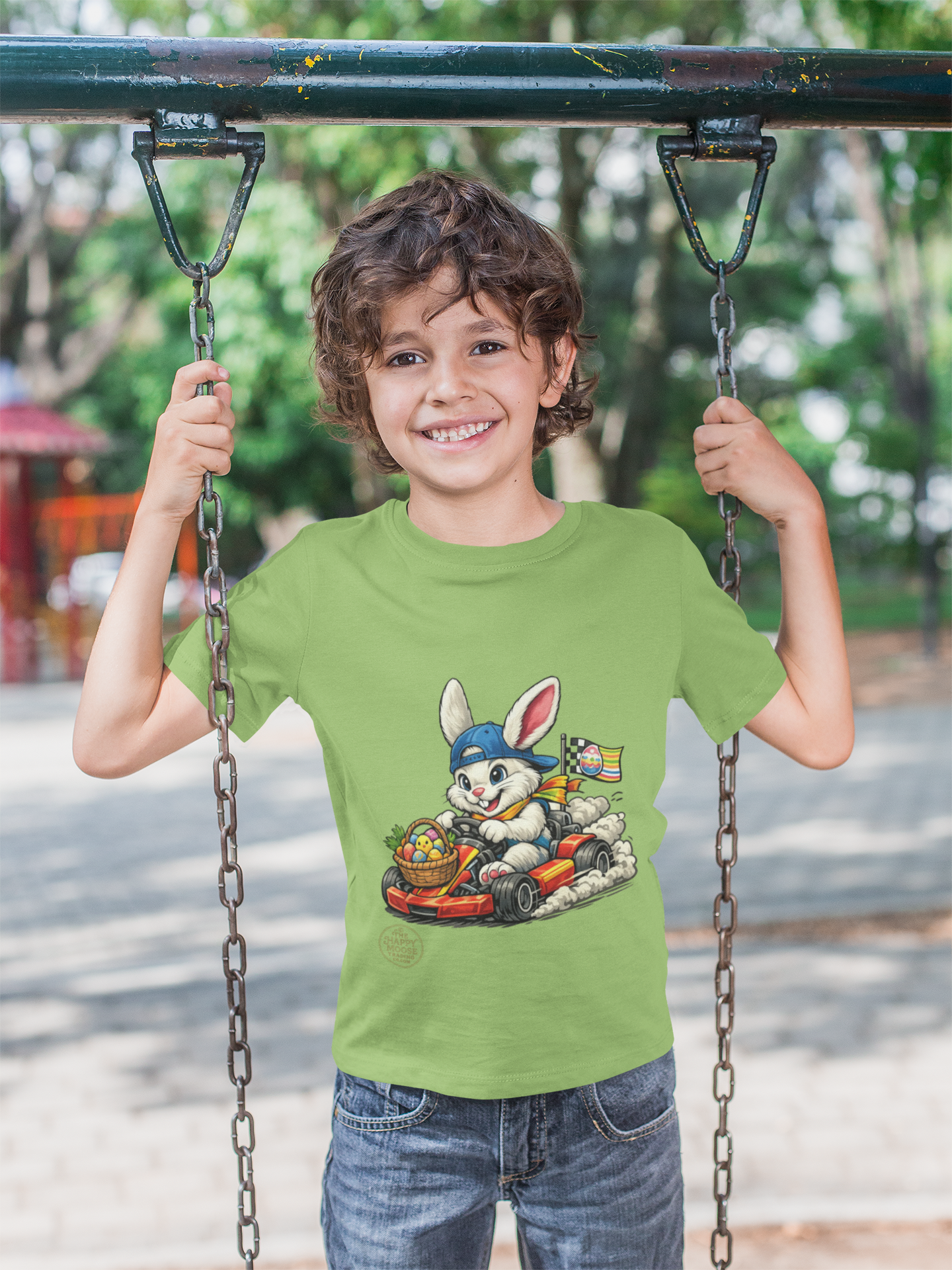 Kids Bunny Go-Kart Tee – Easter Bunny Racing with Candy Basket
