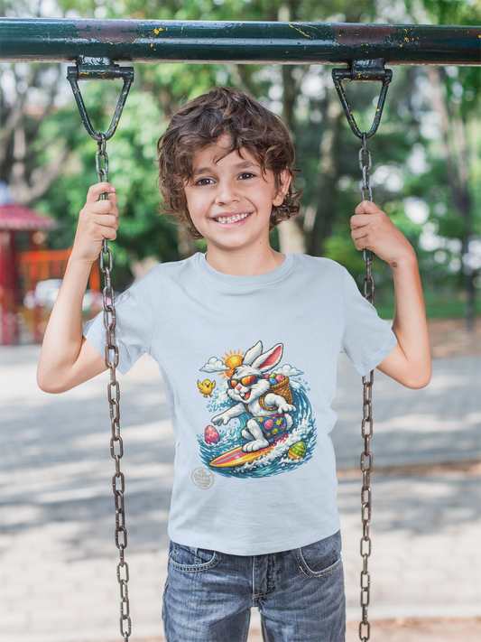 Kids Surfing Easter Bunny T-Shirt — Cute Surfboard Bunny Graphic Tee