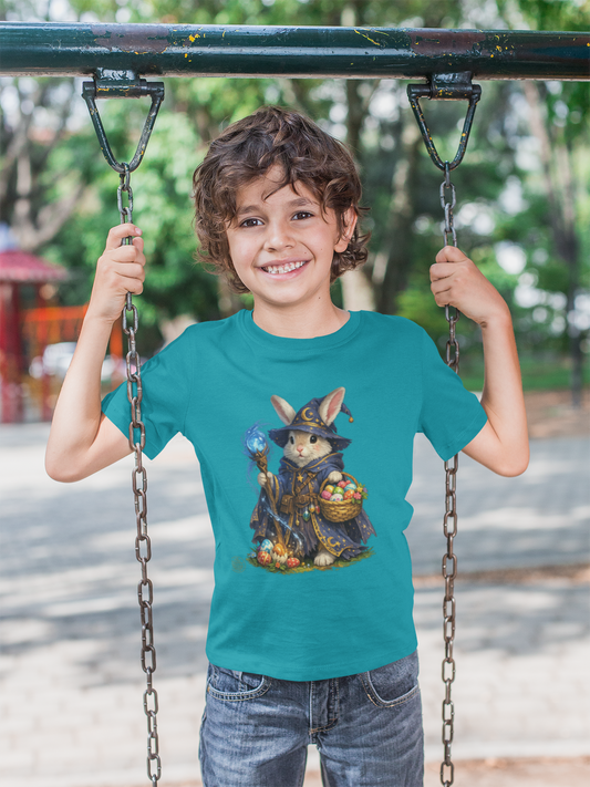 Kids Wizard Bunny T-Shirt — Cute Magic Rabbit with Staff & Basket of Treats