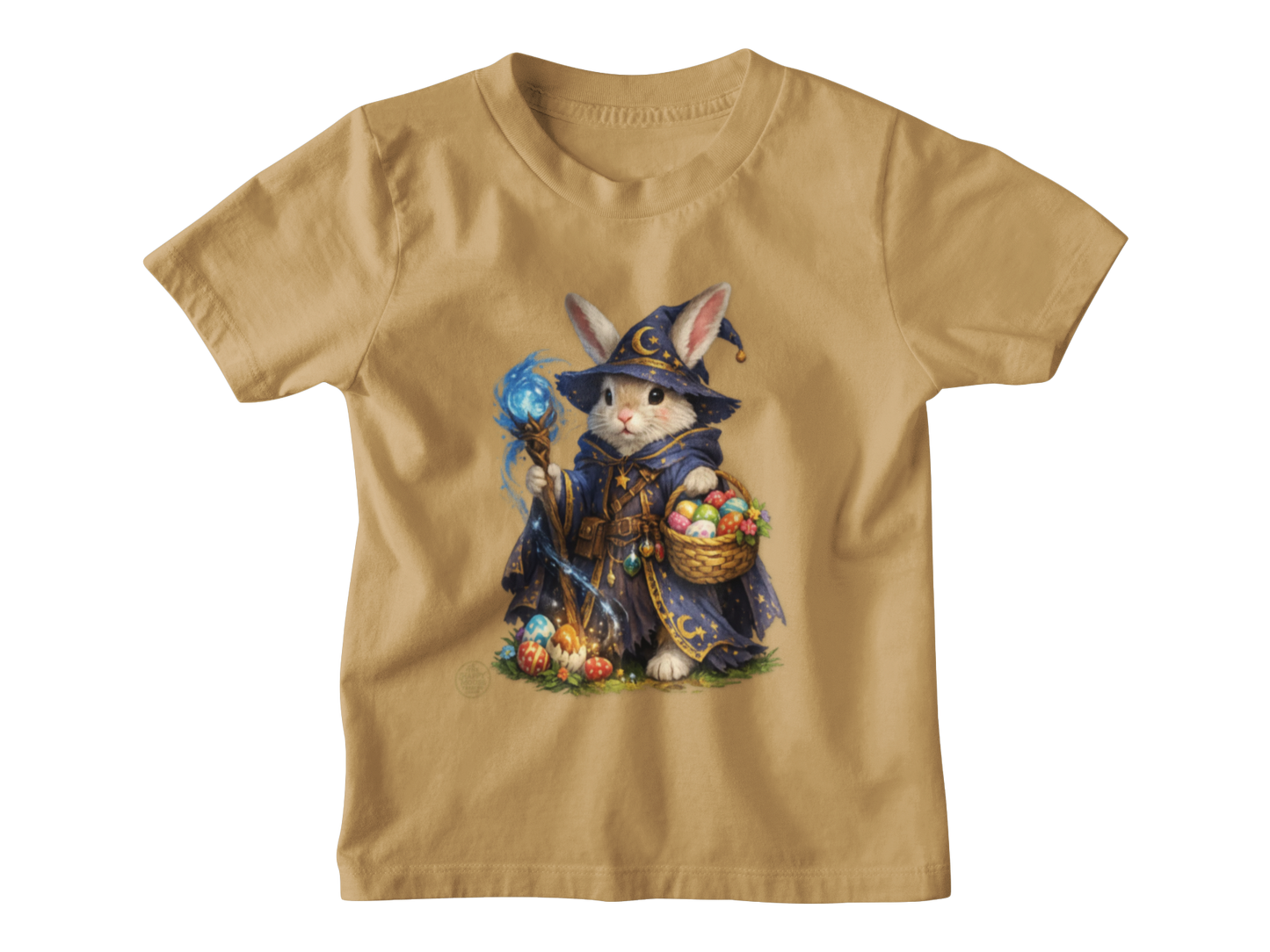 Kids Wizard Bunny T-Shirt — Cute Magic Rabbit with Staff & Basket of Treats