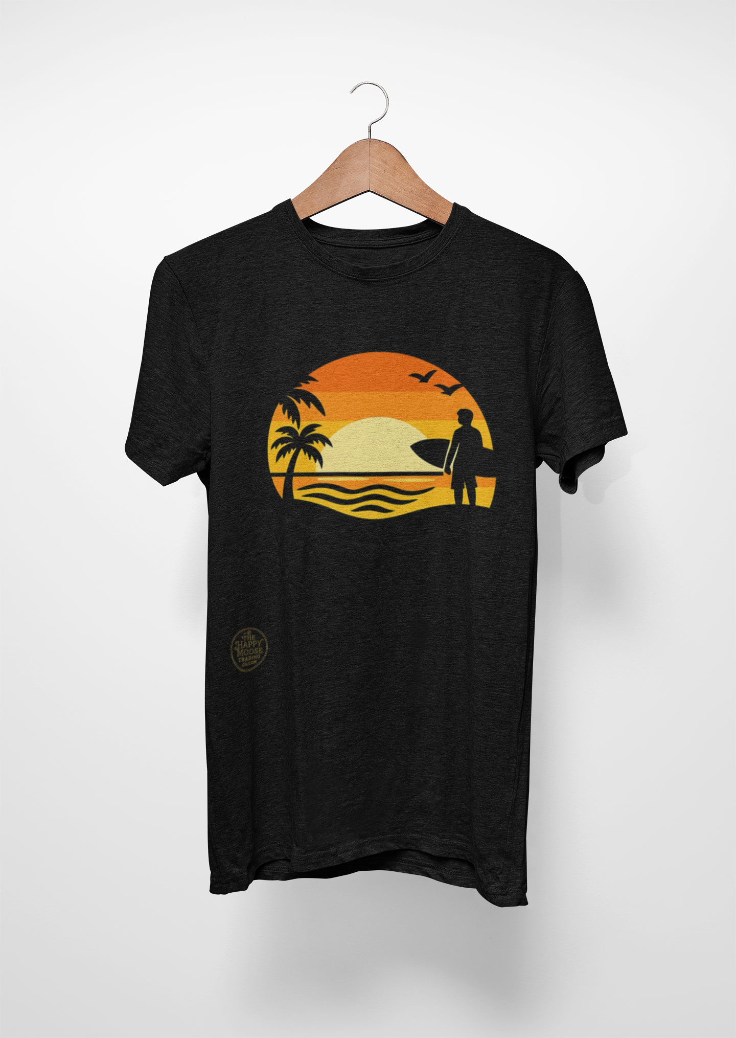 Surf Sunset T-Shirt — Retro Palm Tree Beach Tee