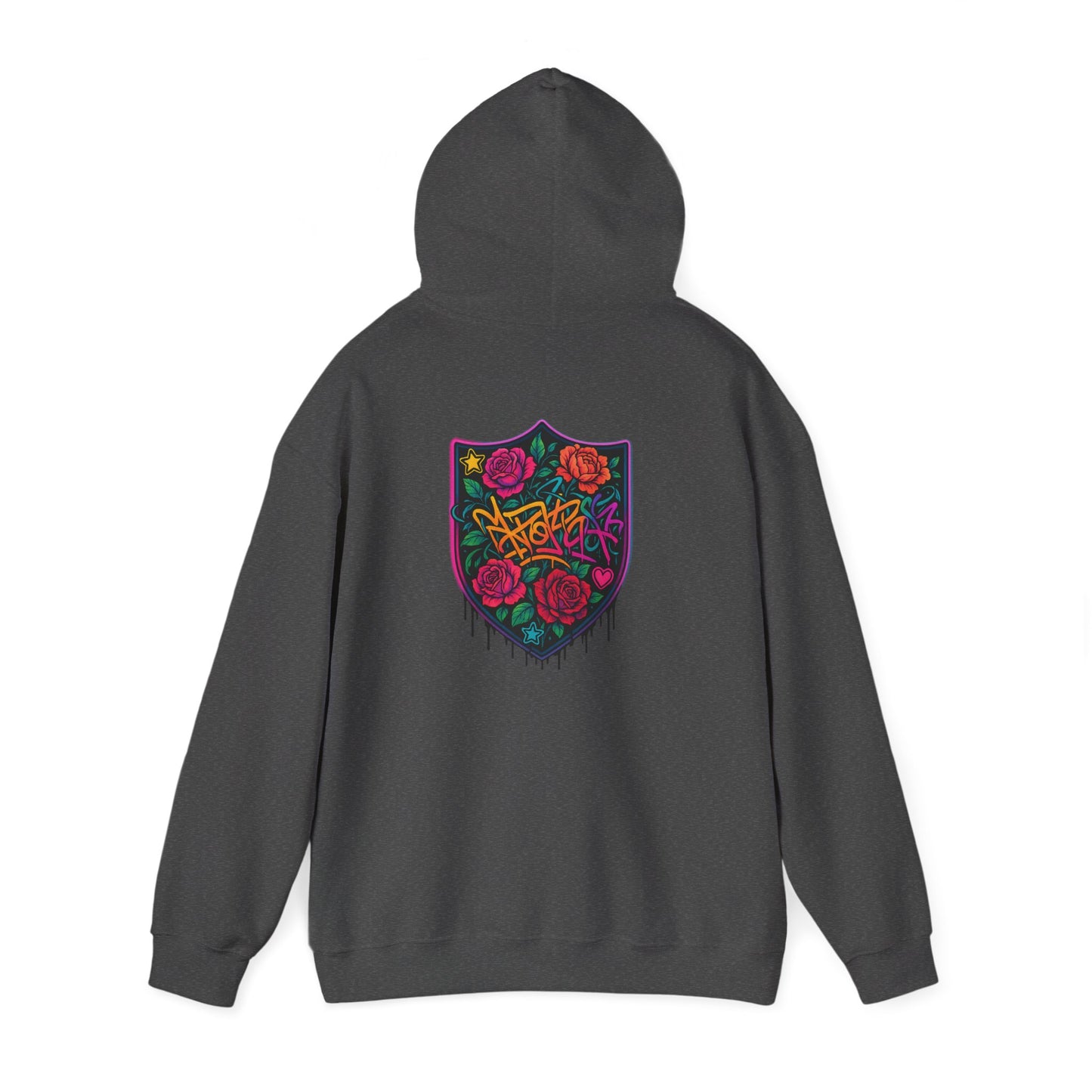 Graffiti Rose Shield Hoodie – Urban Floral Streetwear Sweatshirt