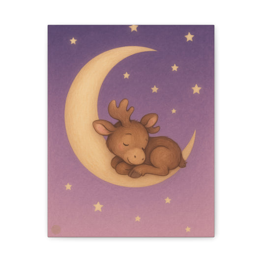Nursery Canvas Art – Sleeping Moose on Moon Baby Room Wall Decor