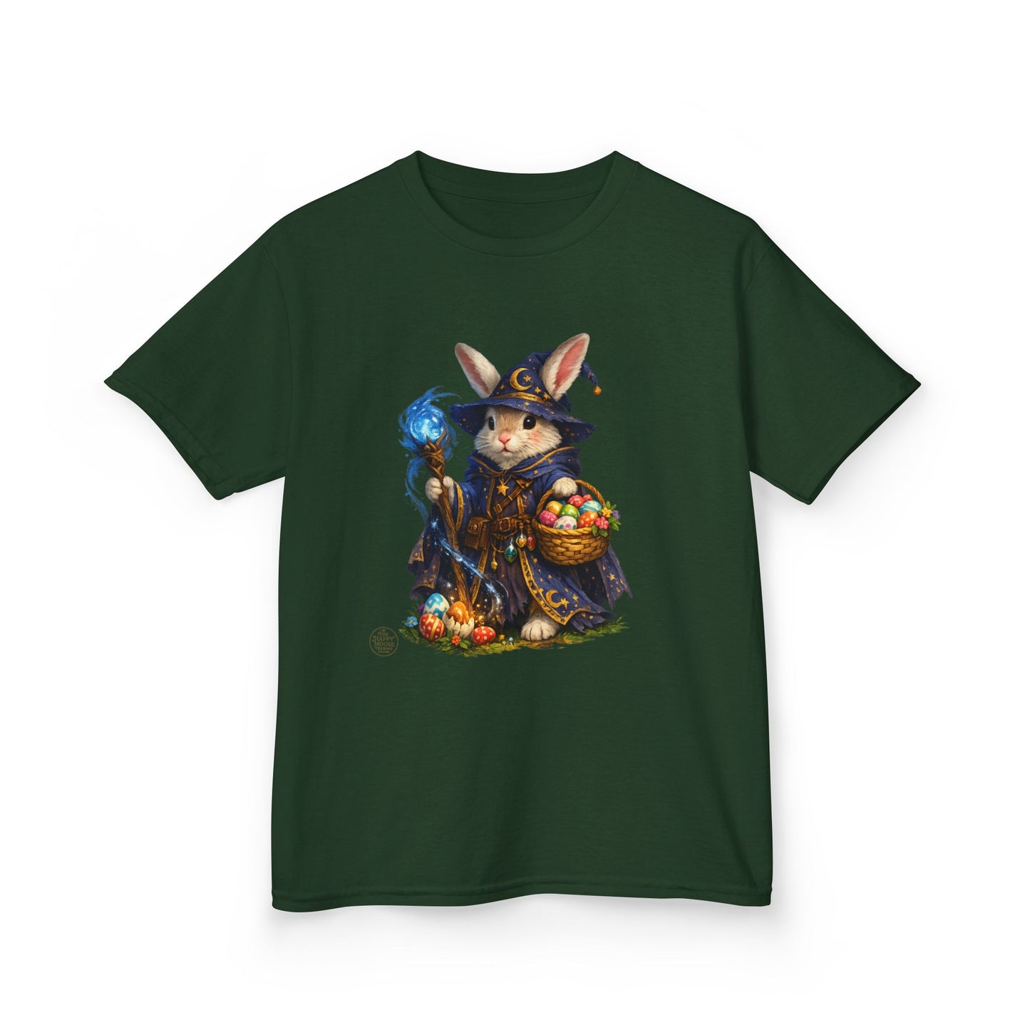 Kids Wizard Bunny T-Shirt — Cute Magic Rabbit with Staff & Basket of Treats