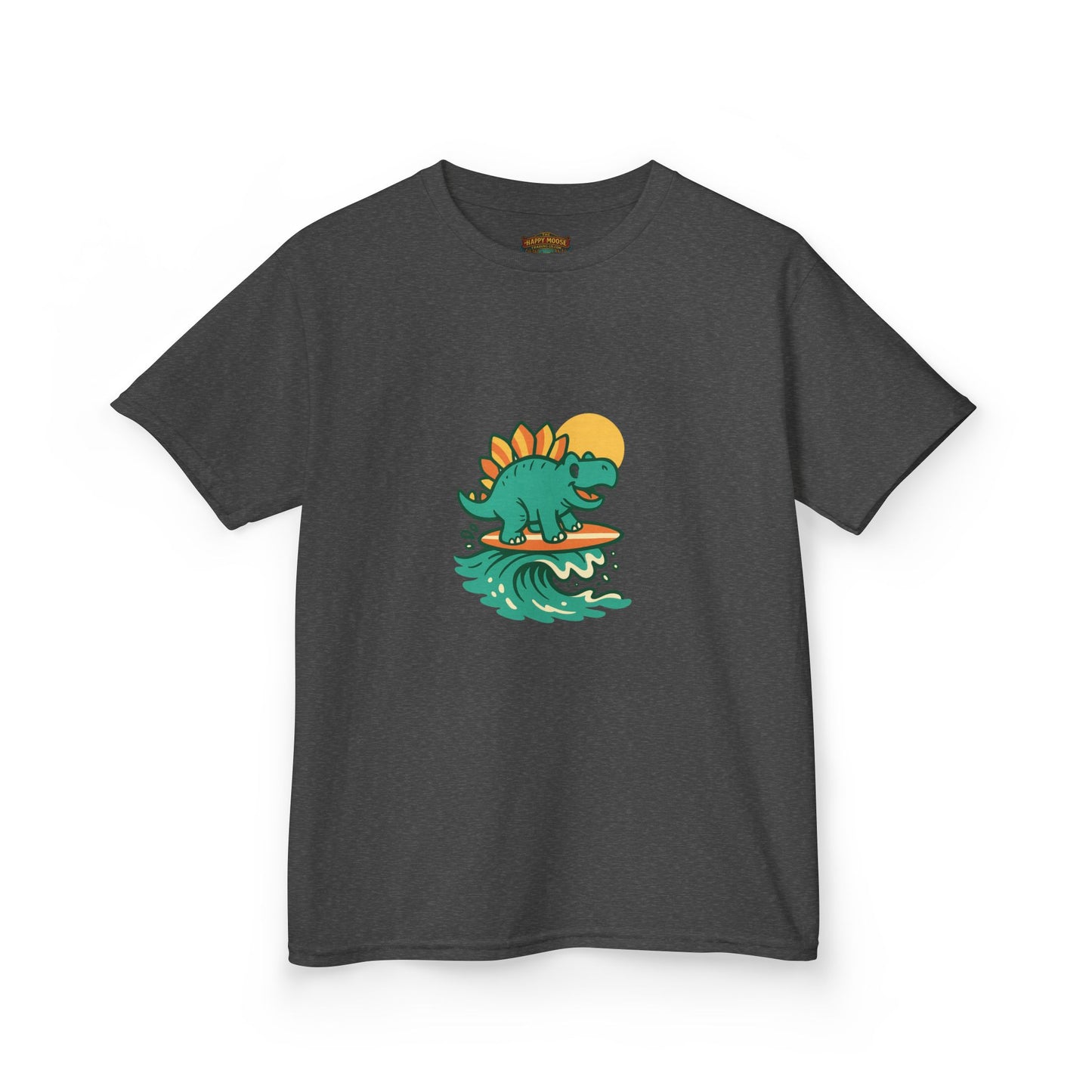 Kids Surfing Dinosaur T-Shirt — Cute Stegosaurus on Wave Graphic Tee