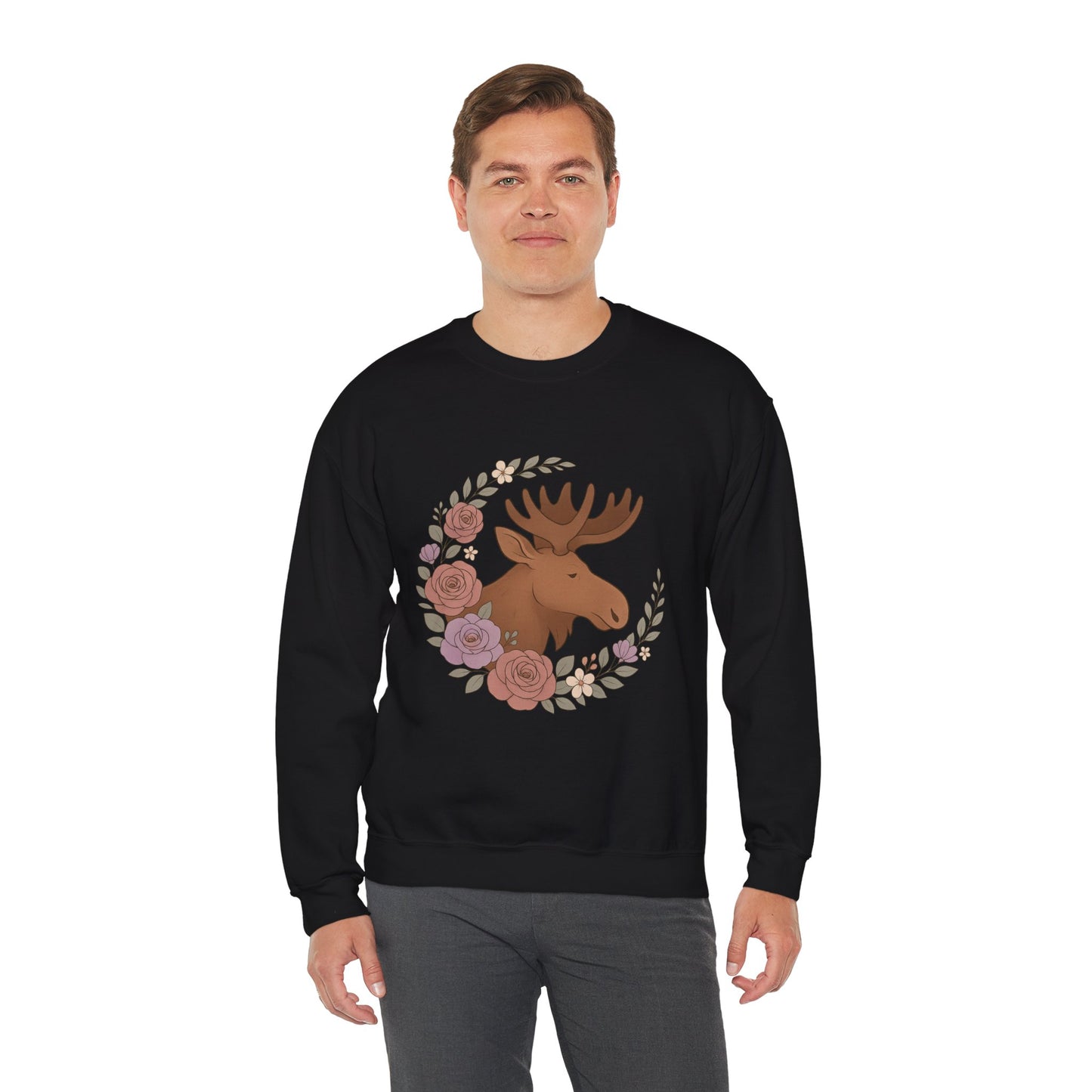 Moose Floral Crewneck Sweatshirt — Rustic Woodland Animal Sweatshirt