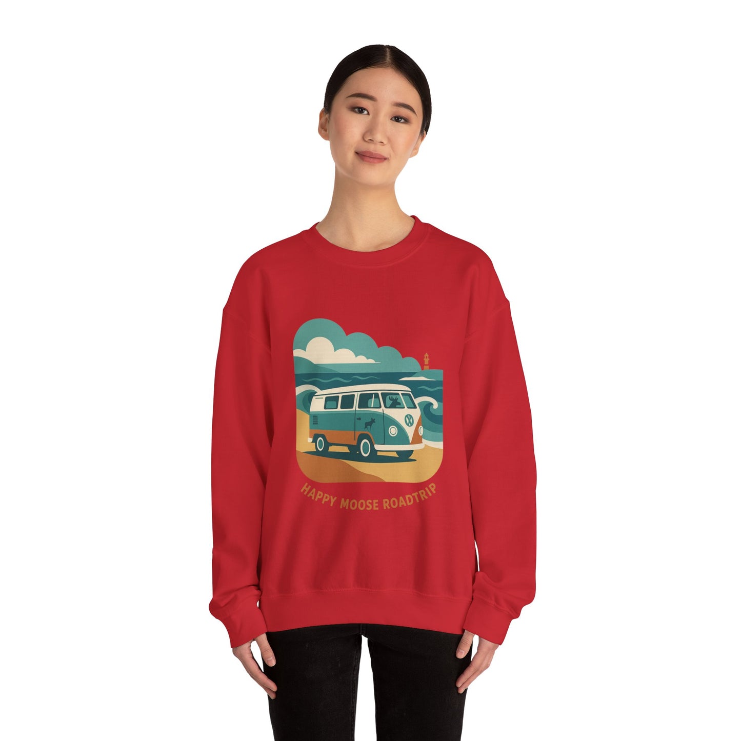 Road Trip Crewneck Sweatshirt — "Happy Moose Roadtrip" Vintage Van Graphic