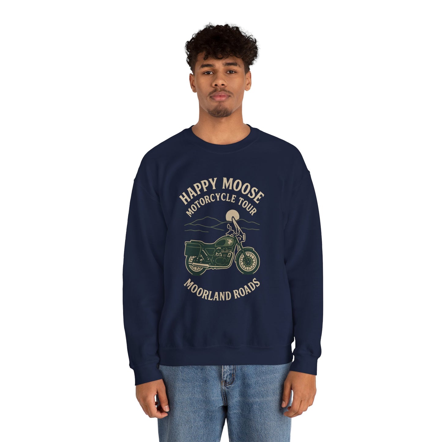 Motorcycle Crewneck Sweatshirt — "Happy Moose Motorcycle Tour" Vintage Bike Graphic