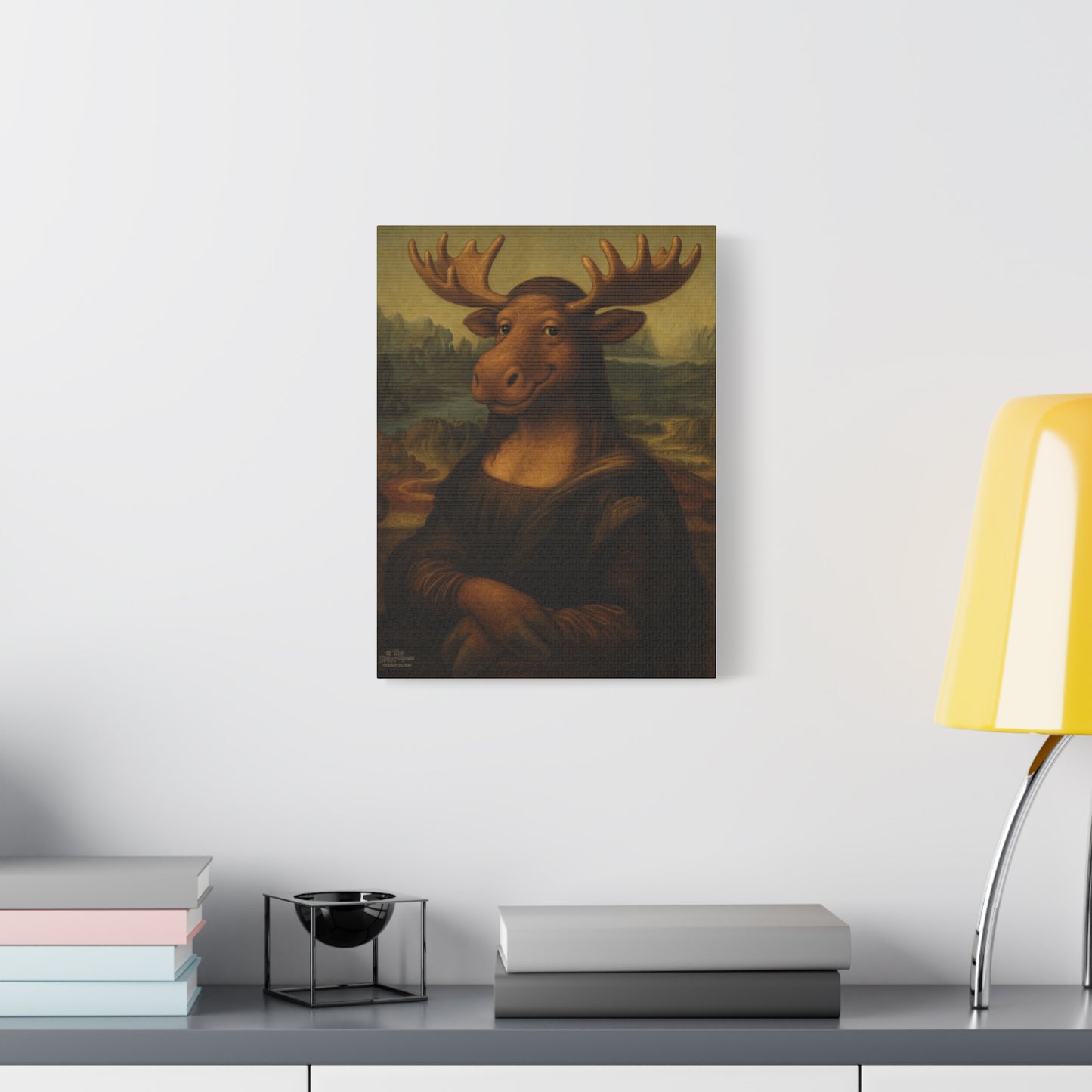 Moose Mona Lisa Canvas Print — Whimsical Animal Portrait Wall Art