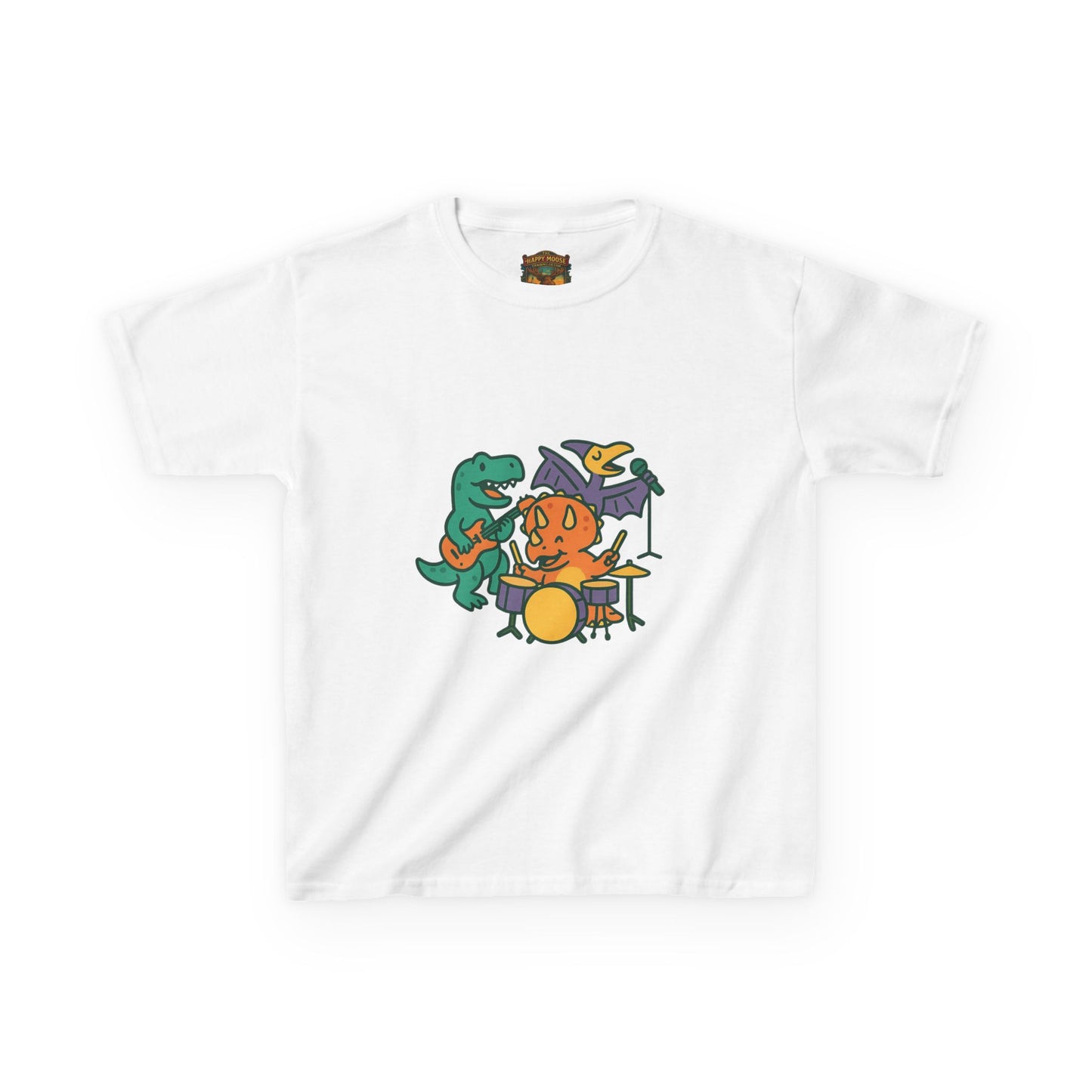 Kids Dino Band T‑Shirt — Cute Cartoon Dinosaur Drummer Tee for Boys & Girls