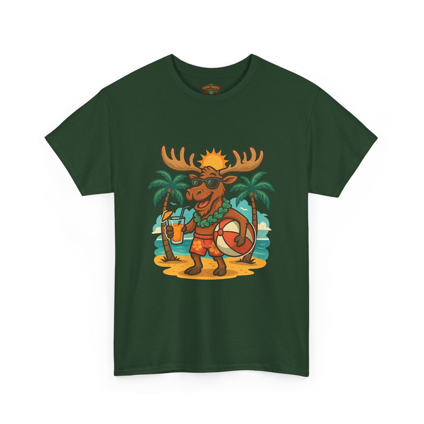 Moose on Vacation T-Shirt — Tropical Retro Moose with Sunglasses & Drink