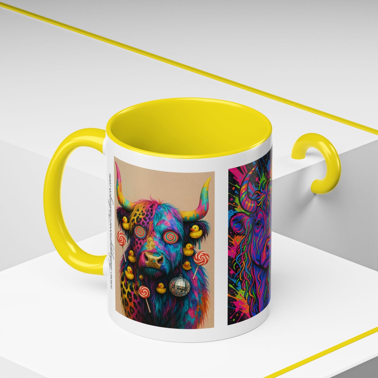 Psychedelic Highland Cow Accent Coffee Mug — Colorful Neon Farm Animal Art (11/15 oz)