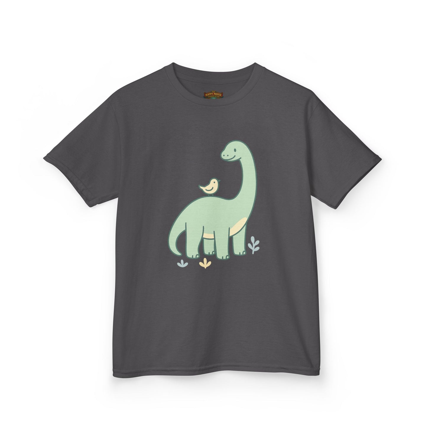 Kids Dino & Bird Tee — Cute Green Brontosaurus Graphic T‑Shirt