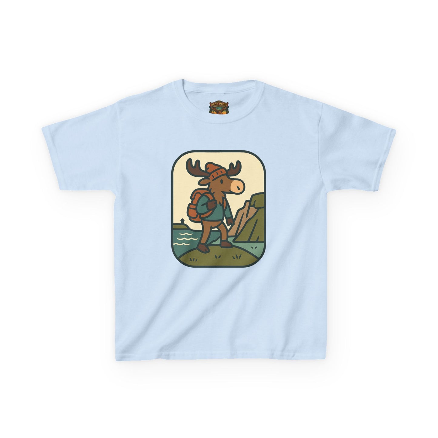 Kids Hiking Moose T‑Shirt — Cute Adventure Backpacker Tee for Boys & Girls