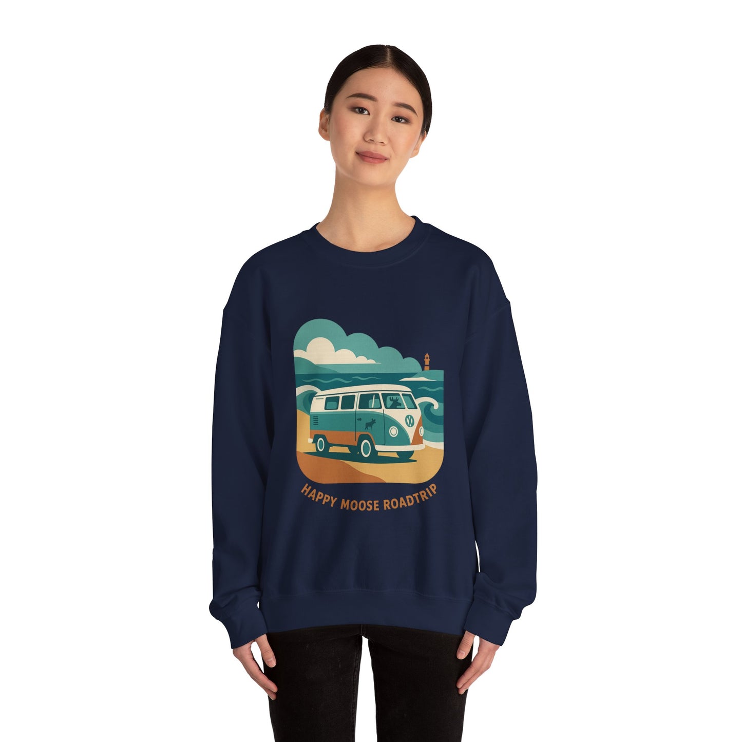 Road Trip Crewneck Sweatshirt — "Happy Moose Roadtrip" Vintage Van Graphic