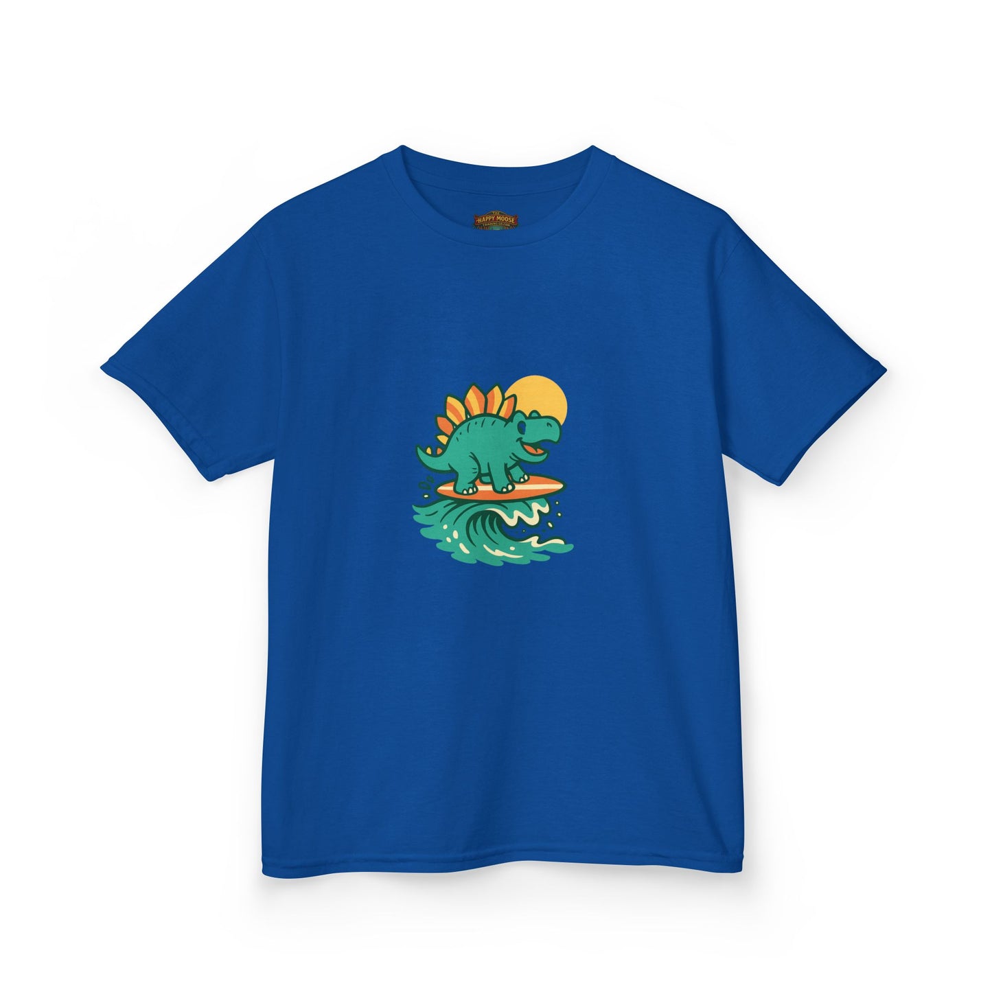 Kids Surfing Dinosaur T-Shirt — Cute Stegosaurus on Wave Graphic Tee