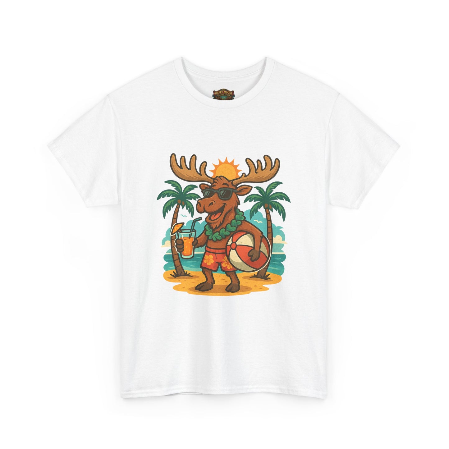 Moose on Vacation T-Shirt — Tropical Retro Moose with Sunglasses & Drink