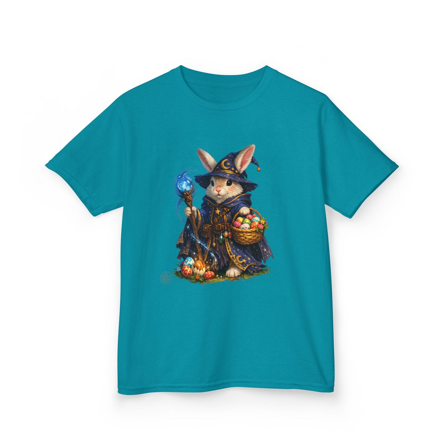 Kids Wizard Bunny T-Shirt — Cute Magic Rabbit with Staff & Basket of Treats