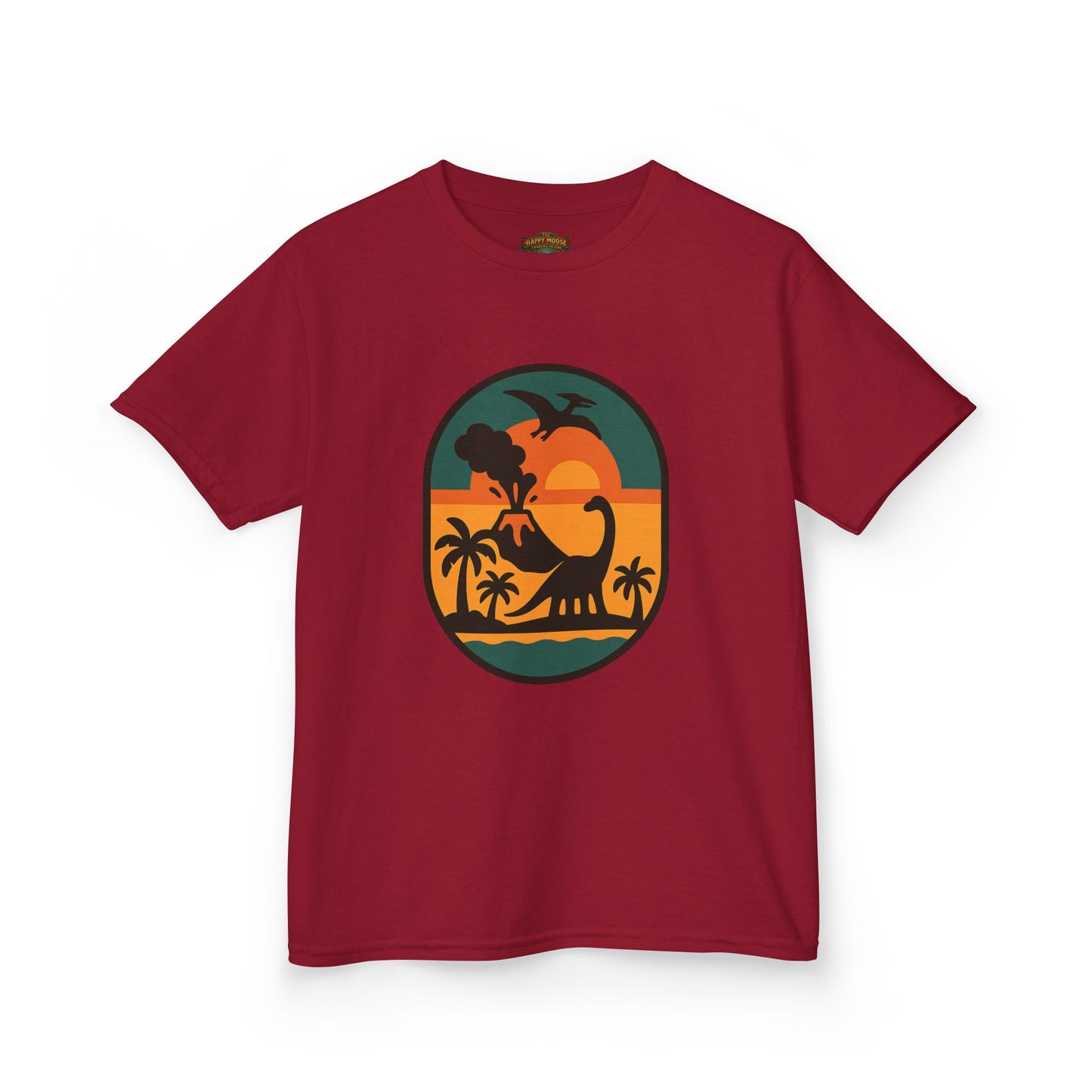 Kids T‑Shirt — Retro Tropical Dinosaur Sunset