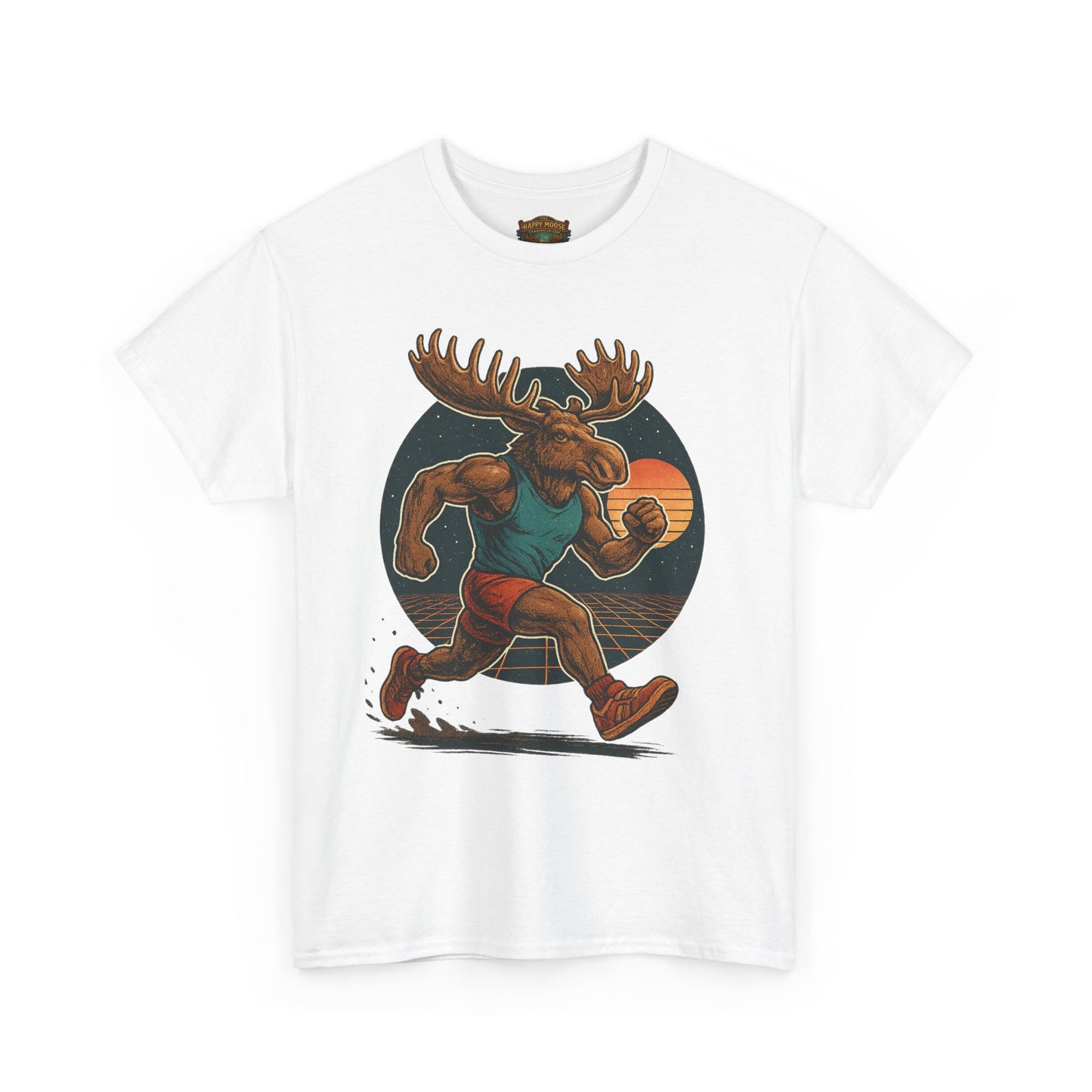 Running Moose Graphic Tee - Retro Sunset Jogging Animal Fitness Shirt