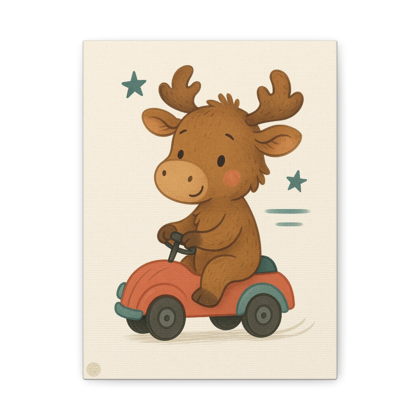 Cute Moose on Toy Car Canvas Print — Nursery Wall Art