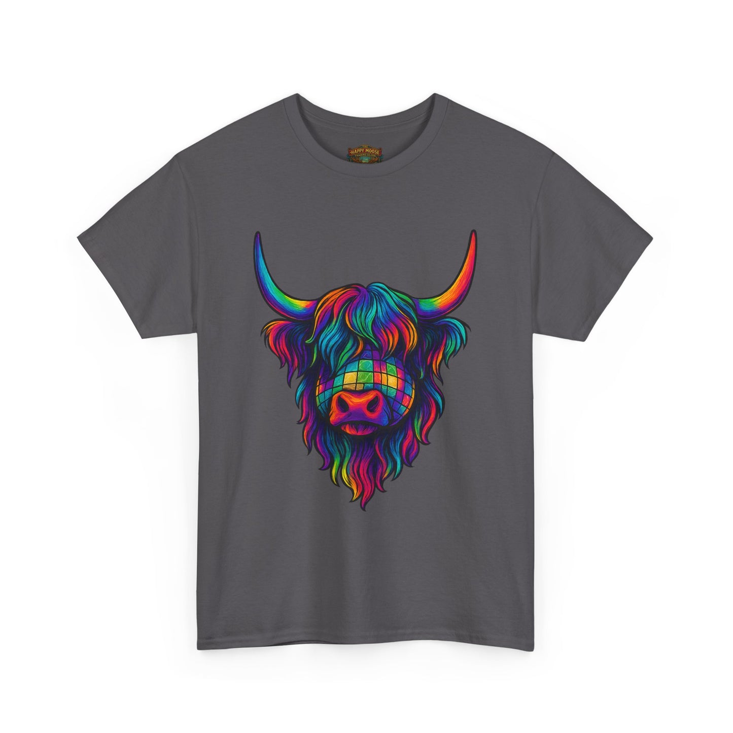 Highland Cow Graphic Tee — Colorful Psychedelic Scottish Highland Cattle T-Shirt