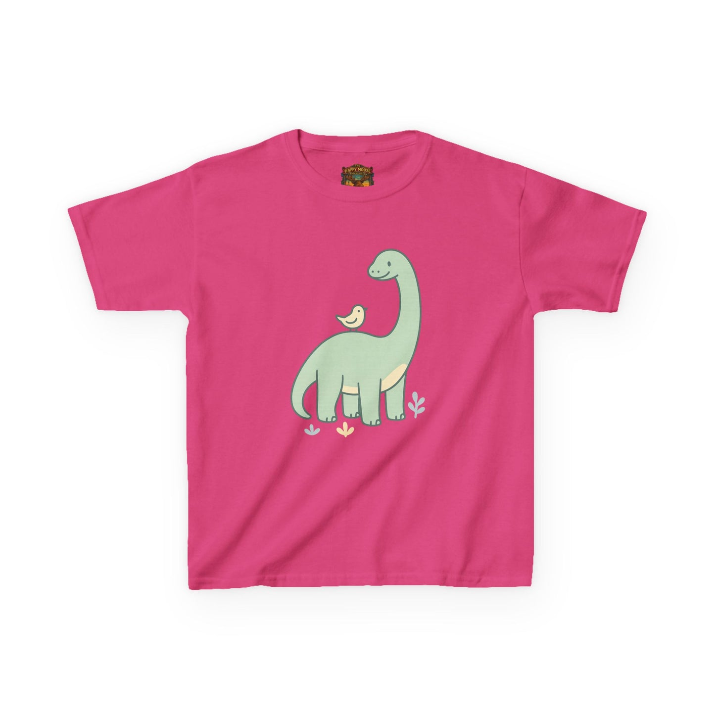 Kids Dino & Bird Tee — Cute Green Brontosaurus Graphic T‑Shirt