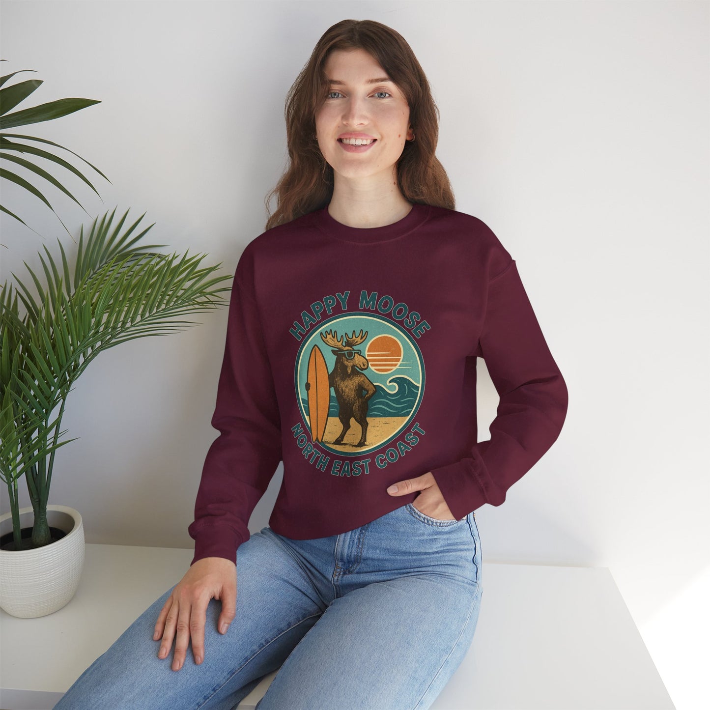 Happy Moose North East Coast Crewneck Sweatshirt — Vintage Surf Moose Graphic