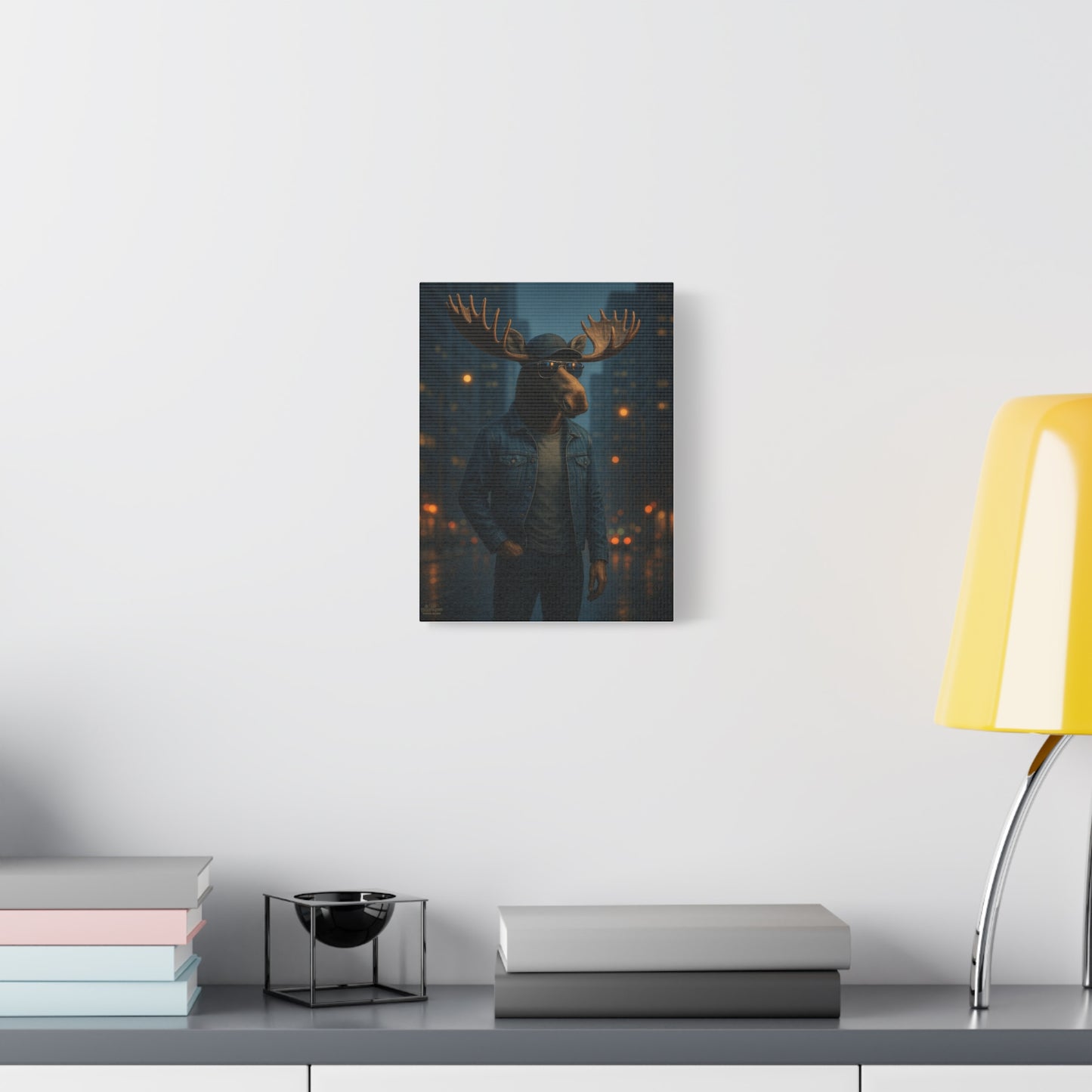 Urban Moose Canvas Print — Cool Moose in Denim Wall Art (Matte Stretched)