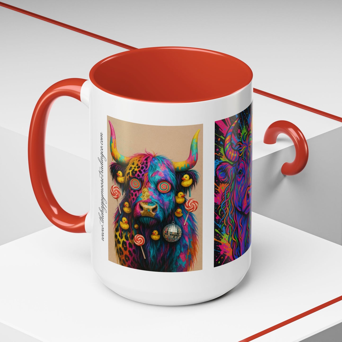Psychedelic Highland Cow Accent Coffee Mug — Colorful Neon Farm Animal Art (11/15 oz)
