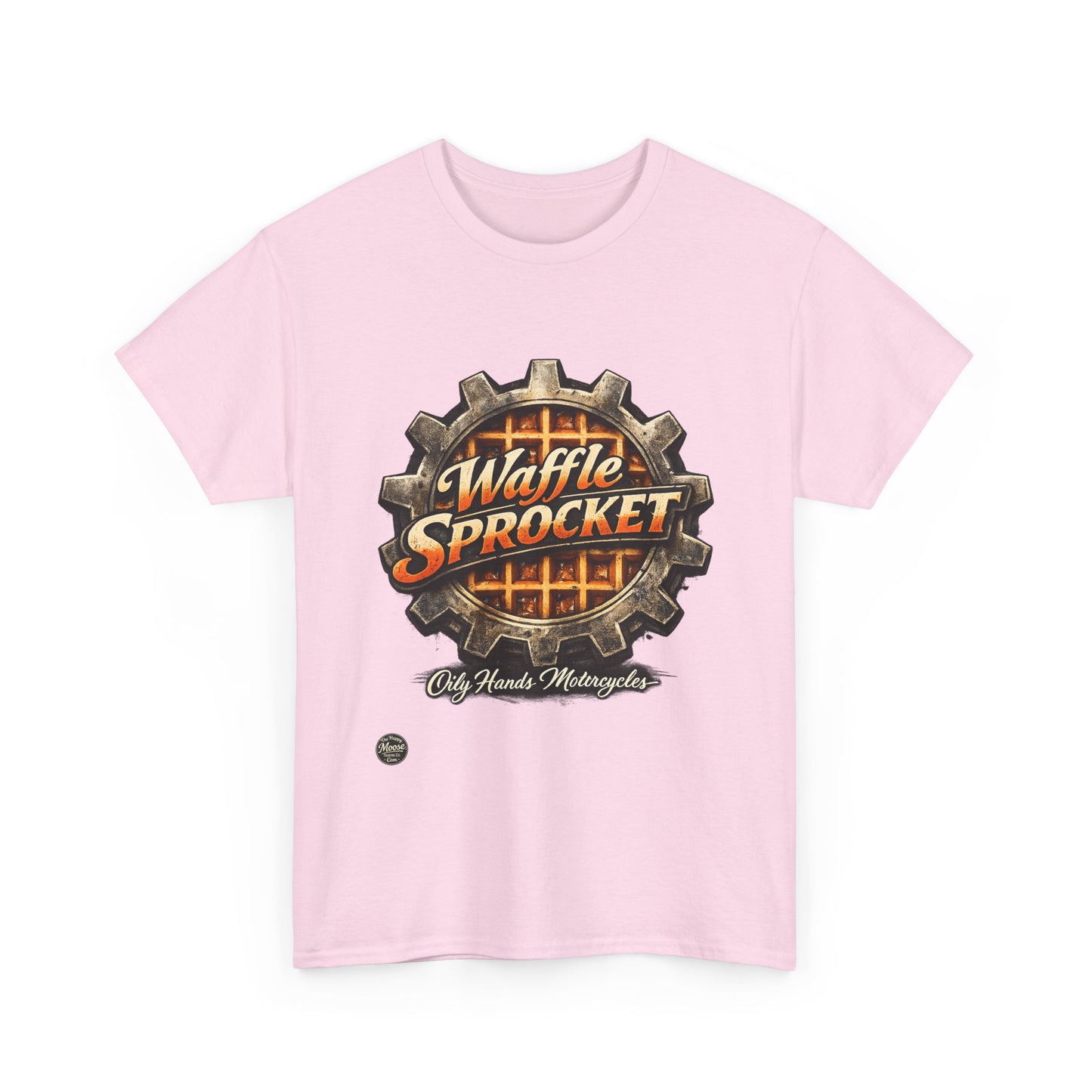 Oily Hands Waffle Sprocket Vintage Logo T-Shirt — Retro Mechanical Breakfast Tee #004 E