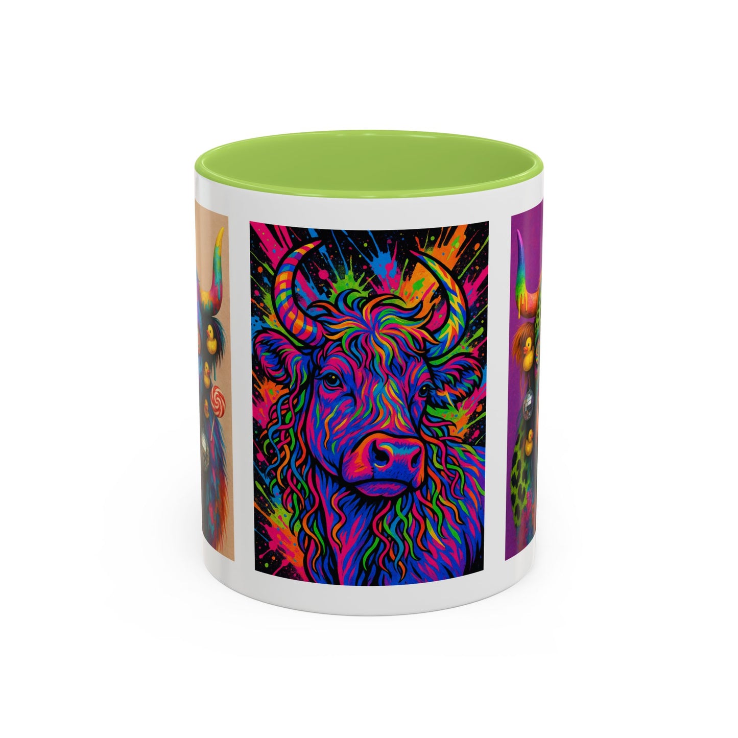 Psychedelic Highland Cow Accent Coffee Mug — Colorful Neon Farm Animal Art (11/15 oz)