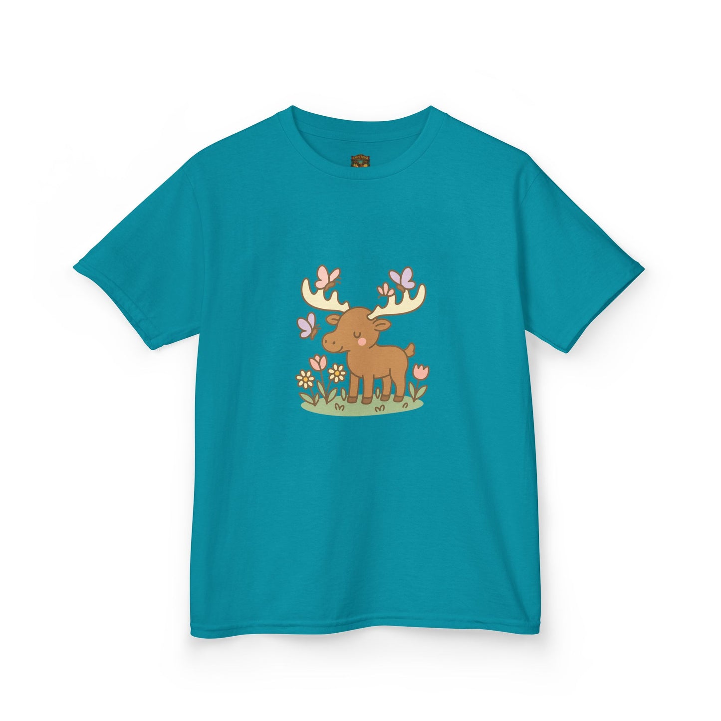 Kids T-Shirt — Cute Woodland Moose with Butterflies Kids Tee