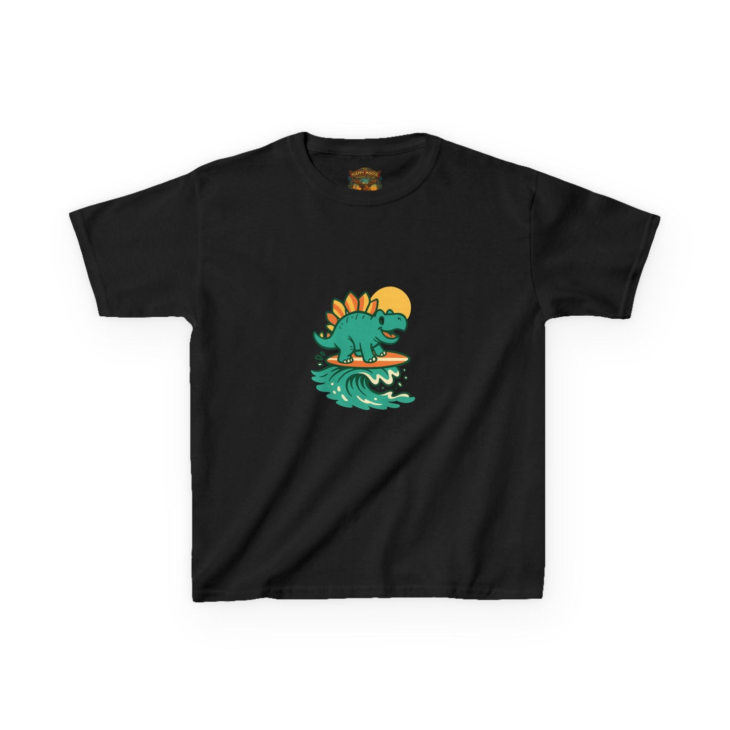 Kids Surfing Dinosaur T-Shirt — Cute Stegosaurus on Wave Graphic Tee
