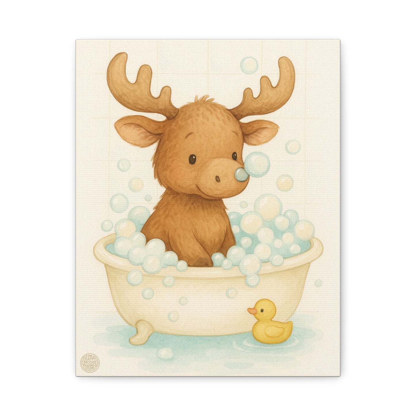 Cute Moose in Bathtub Canvas Wall Art — Baby Nursery Animal Print