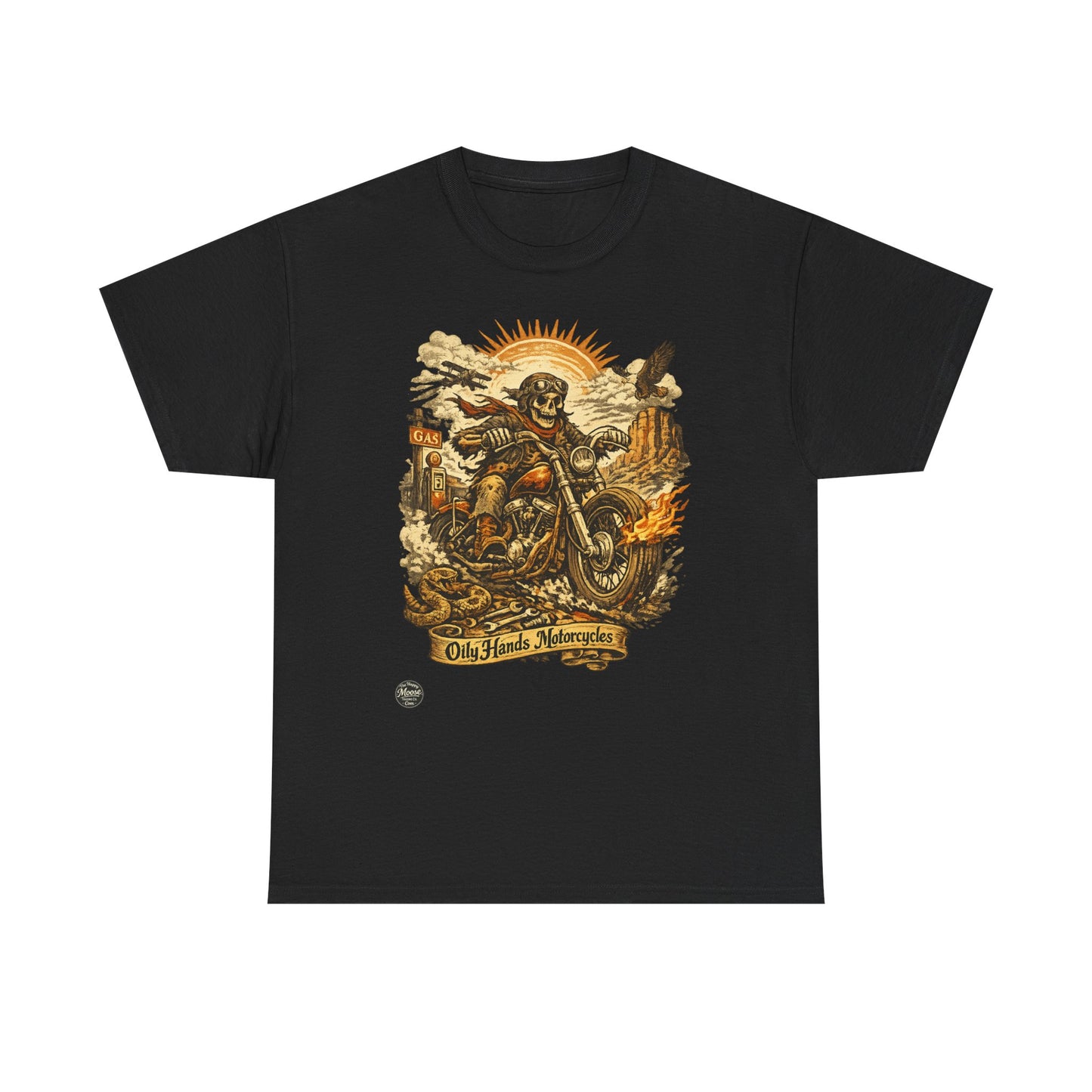 Oily Hands Motorcycle Skull Tee — Old Friends Vintage Biker T-Shirt #015 E